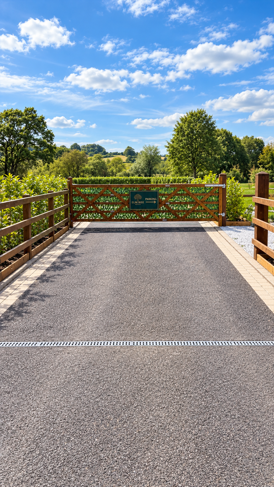 Elmtree Cabins entrance gate with Nottinghamshire countryside beyond