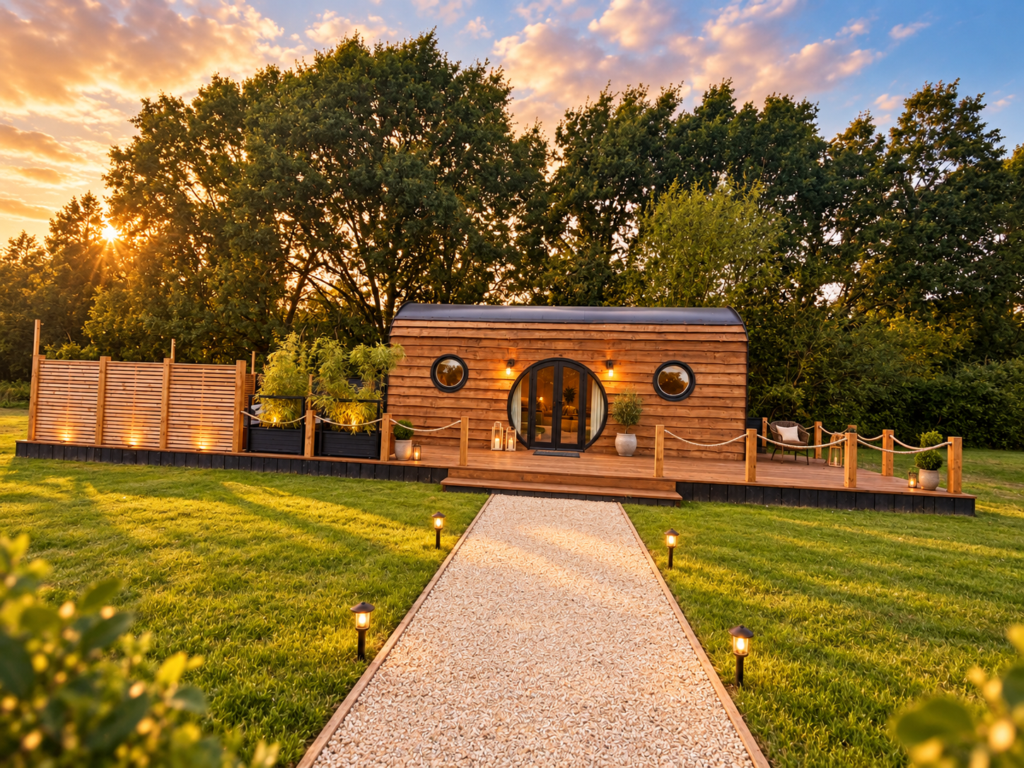 Elmtree Cabins exterior in the Nottinghamshire countryside